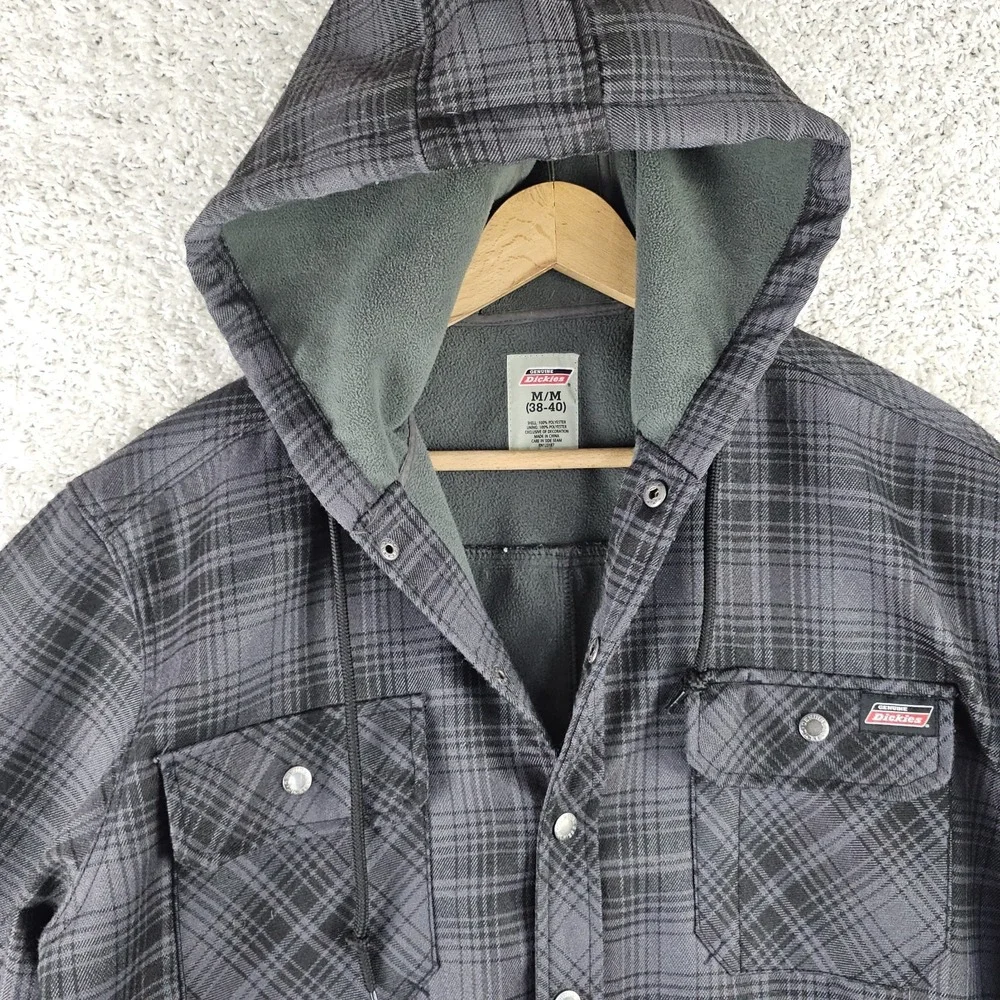 Dickies Hooded Jacket Gray Plaid Fleece Lined Flannel Hooded Snap Mens Medium